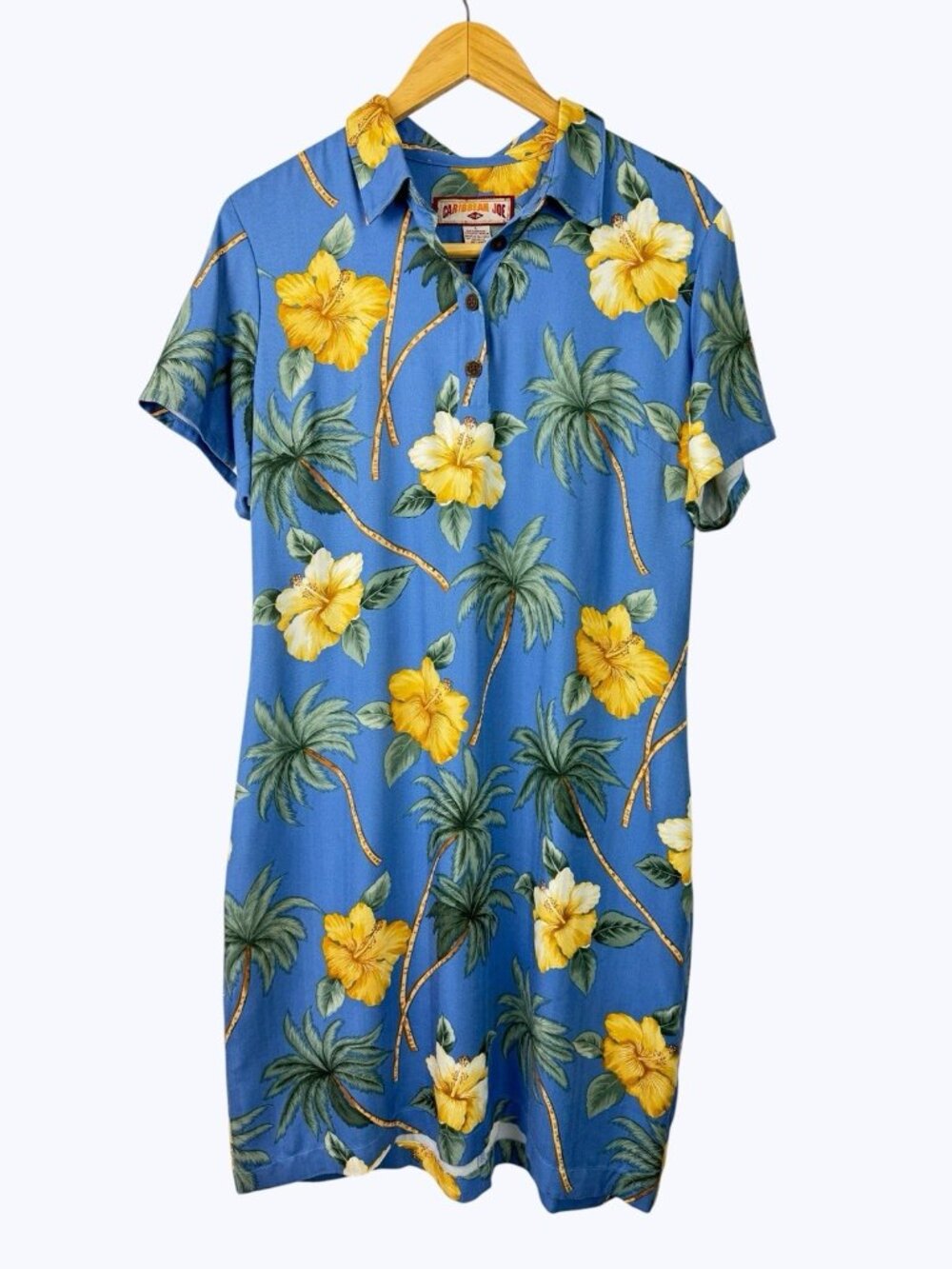 Caribbean Joe Shirt Dress Size Large Blue Tropical Floral Print Short Sleeve